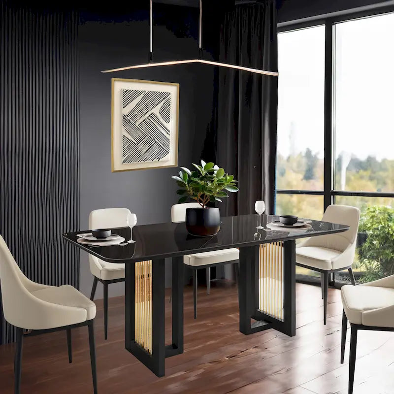 Mesa de comedor de lujo con tapa de cristal negra y dorada para 6 personas