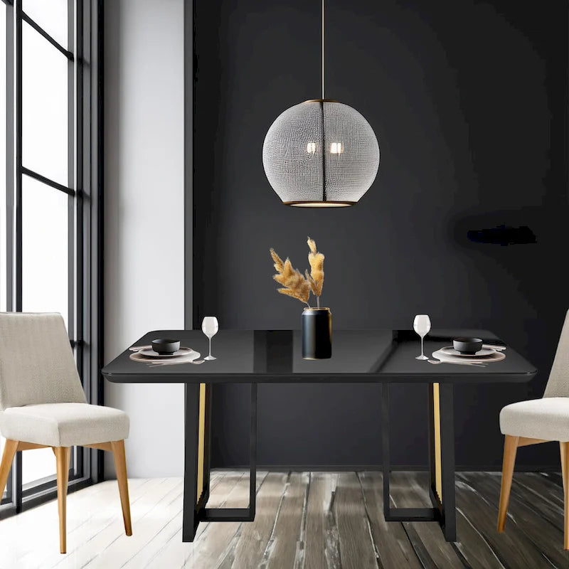 Mesa de comedor de lujo con tapa de cristal negra y dorada para 6 personas