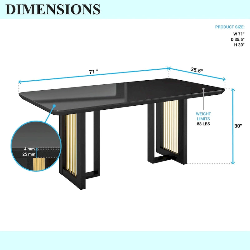 Mesa de comedor de lujo con tapa de cristal negra y dorada para 6 personas