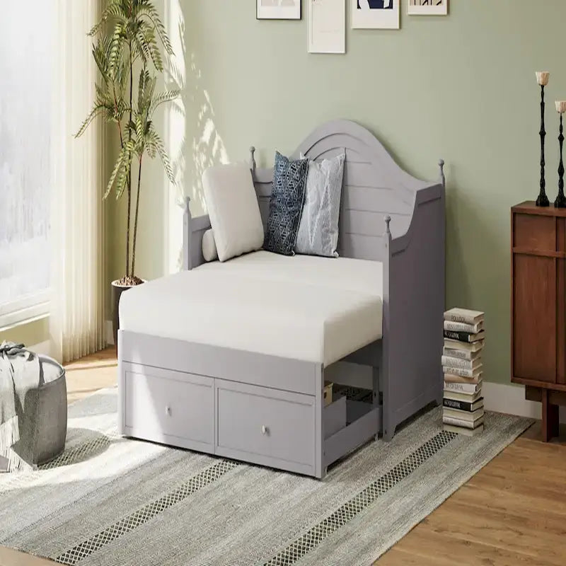 Sofá cama individual con nido elevable y cajones de almacenamiento