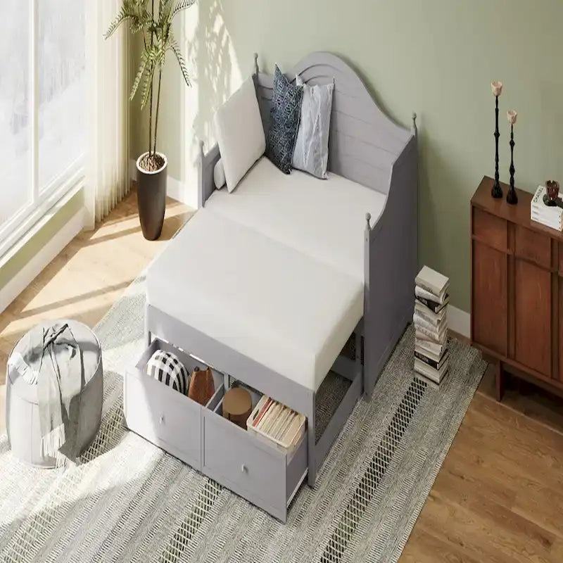 Sofá cama individual con nido elevable y cajones de almacenamiento
