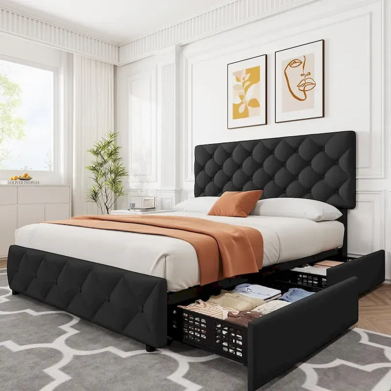 Base de Cama con Plataforma con Cajones de Almacenamiento y Cabecero Ajustable