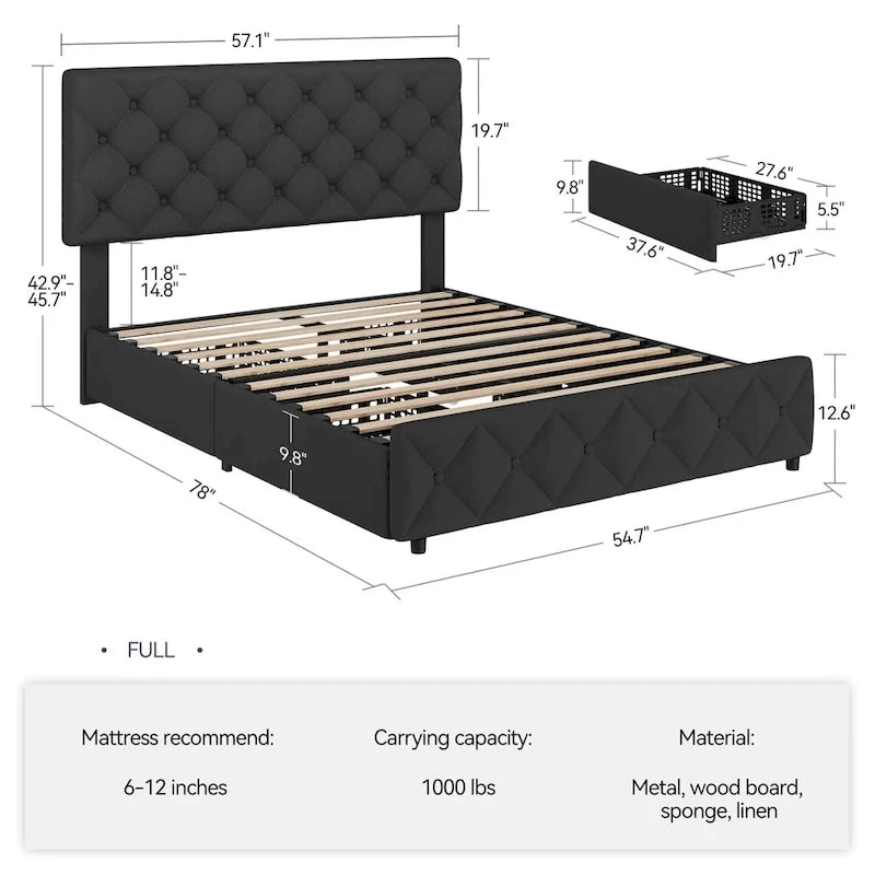 Base de Cama con Plataforma con Cajones de Almacenamiento y Cabecero Ajustable