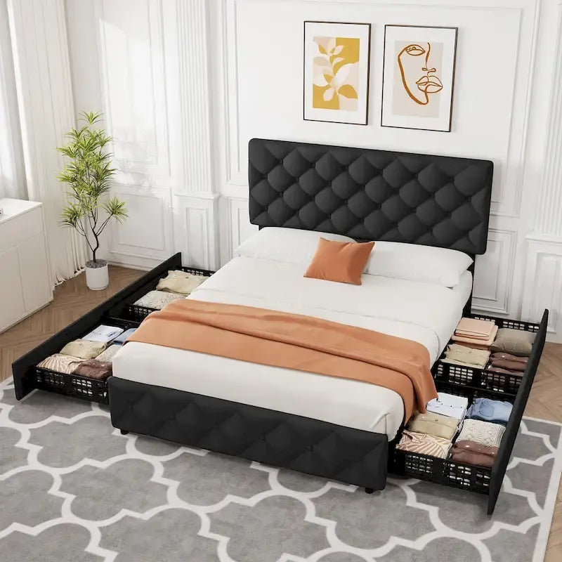Base de Cama con Plataforma con Cajones de Almacenamiento y Cabecero Ajustable