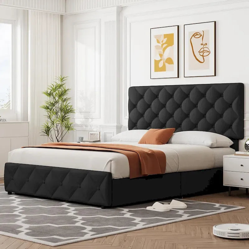 Base de Cama con Plataforma con Cajones de Almacenamiento y Cabecero Ajustable