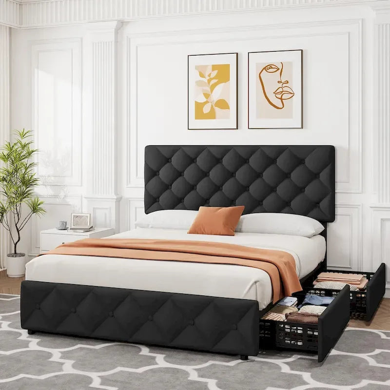 Base de Cama con Plataforma con Cajones de Almacenamiento y Cabecero Ajustable
