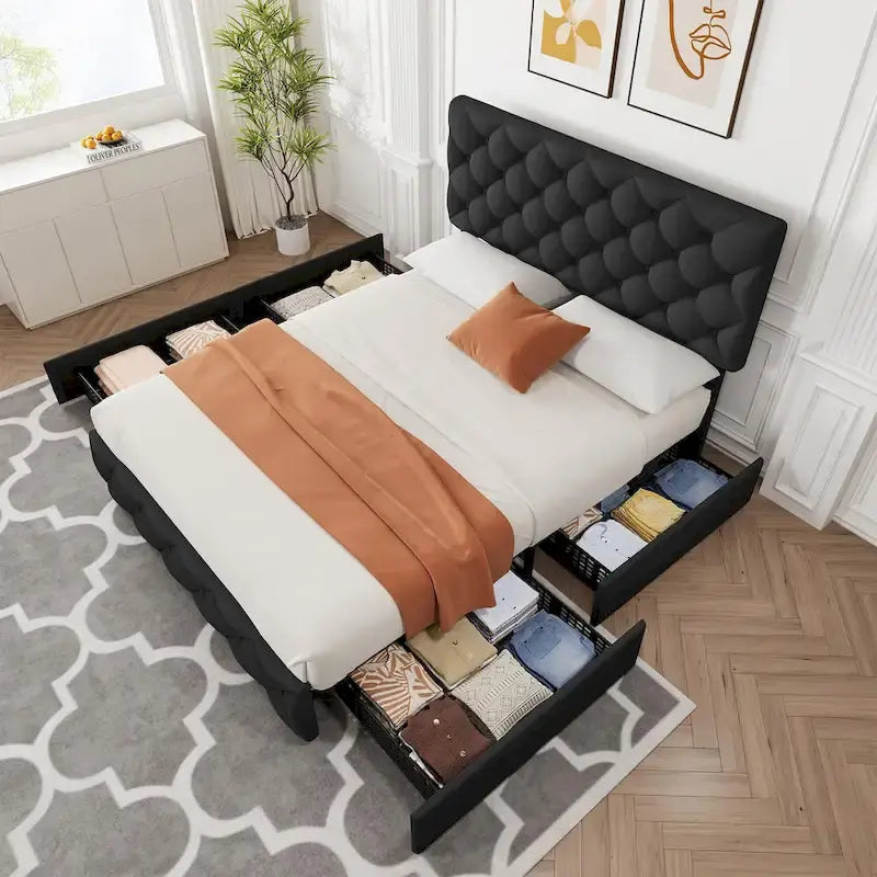 Base de Cama con Plataforma con Cajones de Almacenamiento y Cabecero Ajustable