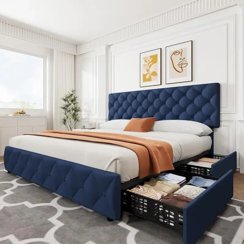 Base de Cama con Plataforma con Cajones de Almacenamiento y Cabecero Ajustable