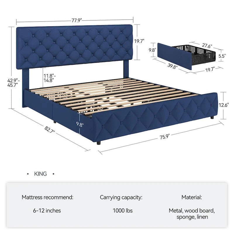 Base de Cama con Plataforma con Cajones de Almacenamiento y Cabecero Ajustable