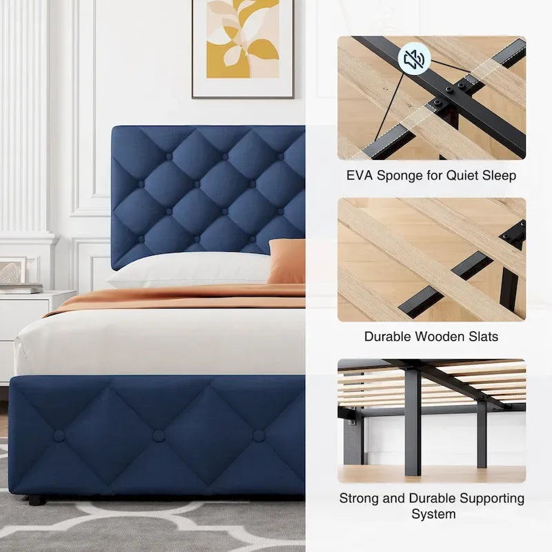 Base de Cama con Plataforma con Cajones de Almacenamiento y Cabecero Ajustable