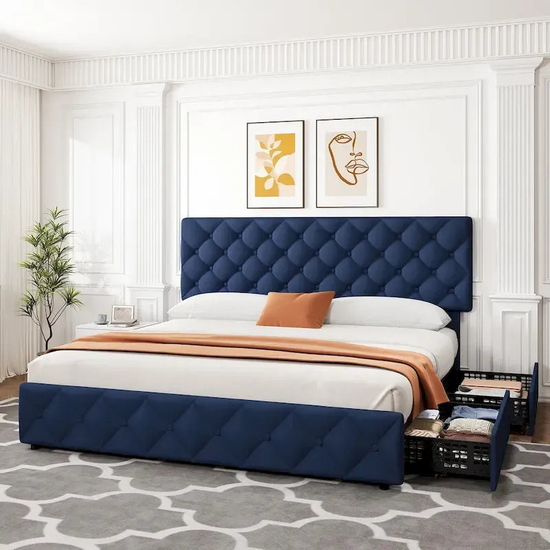 Base de Cama con Plataforma con Cajones de Almacenamiento y Cabecero Ajustable