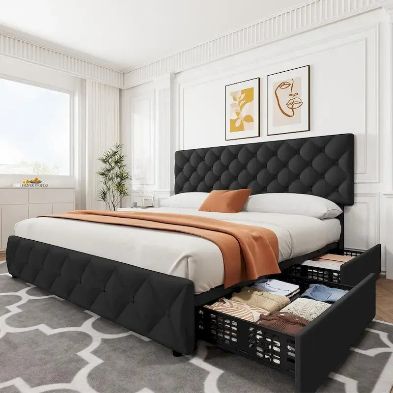Base de Cama con Plataforma con Cajones de Almacenamiento y Cabecero Ajustable