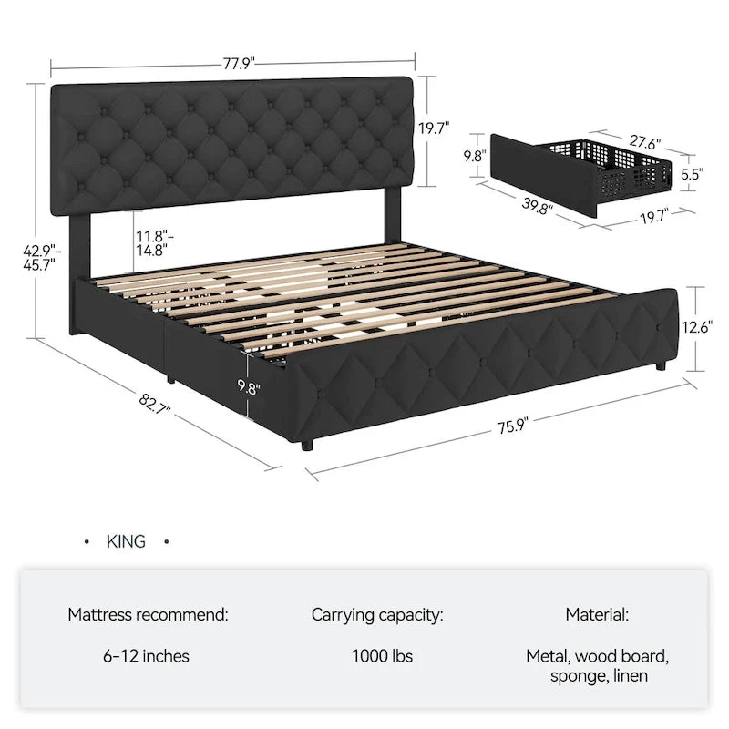 Base de Cama con Plataforma con Cajones de Almacenamiento y Cabecero Ajustable