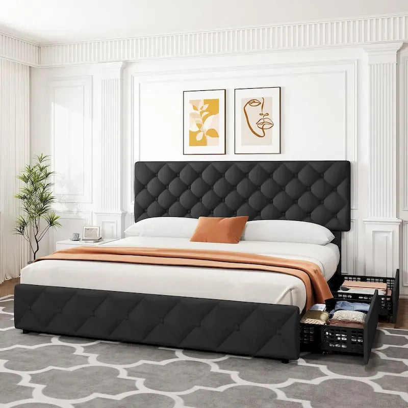 Base de Cama con Plataforma con Cajones de Almacenamiento y Cabecero Ajustable
