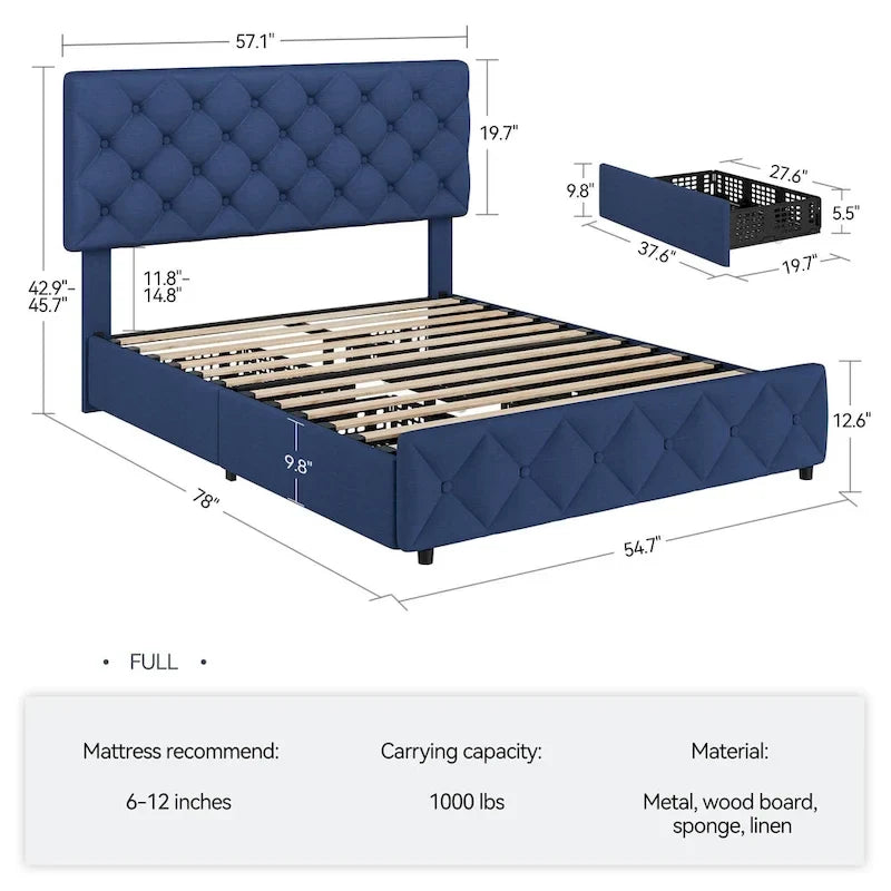 Base de Cama con Plataforma con Cajones de Almacenamiento y Cabecero Ajustable