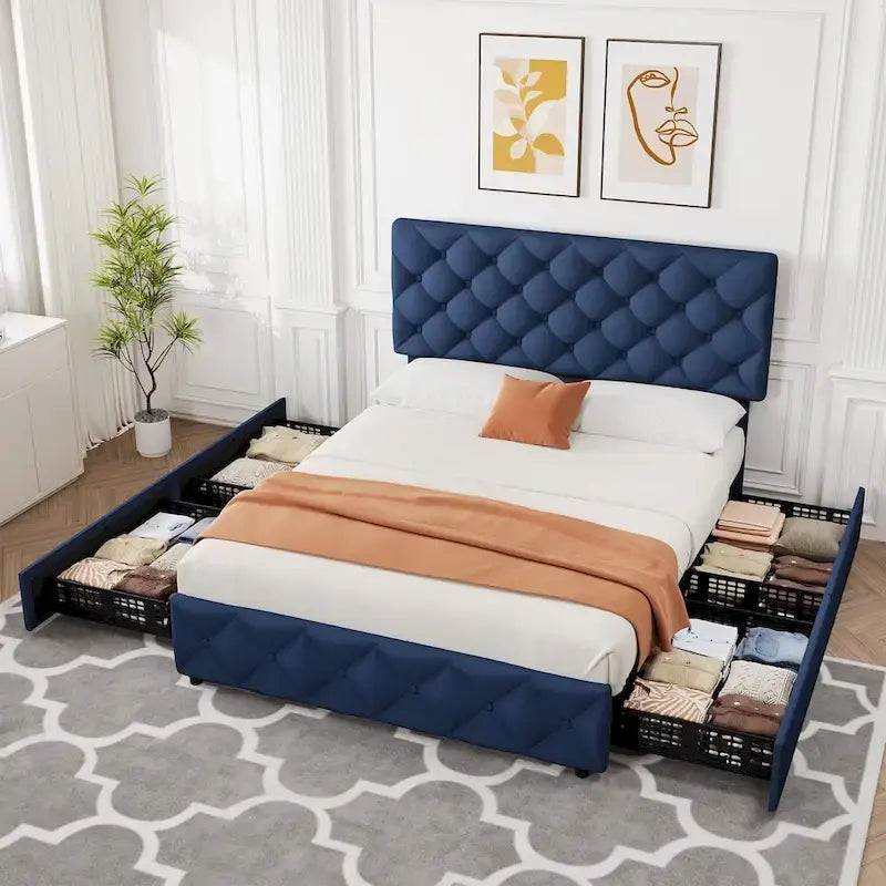 Base de Cama con Plataforma con Cajones de Almacenamiento y Cabecero Ajustable