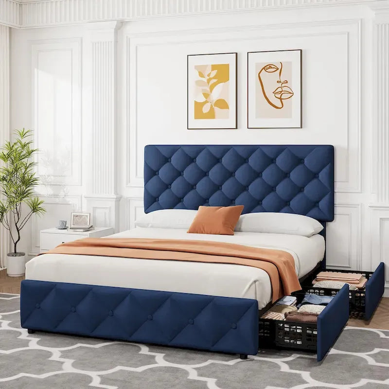 Base de Cama con Plataforma con Cajones de Almacenamiento y Cabecero Ajustable