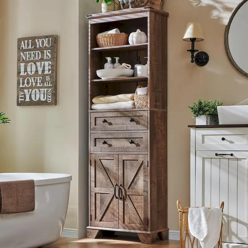 Armario de almacenamiento alto para baño de 72" con puertas corredizas y cajones