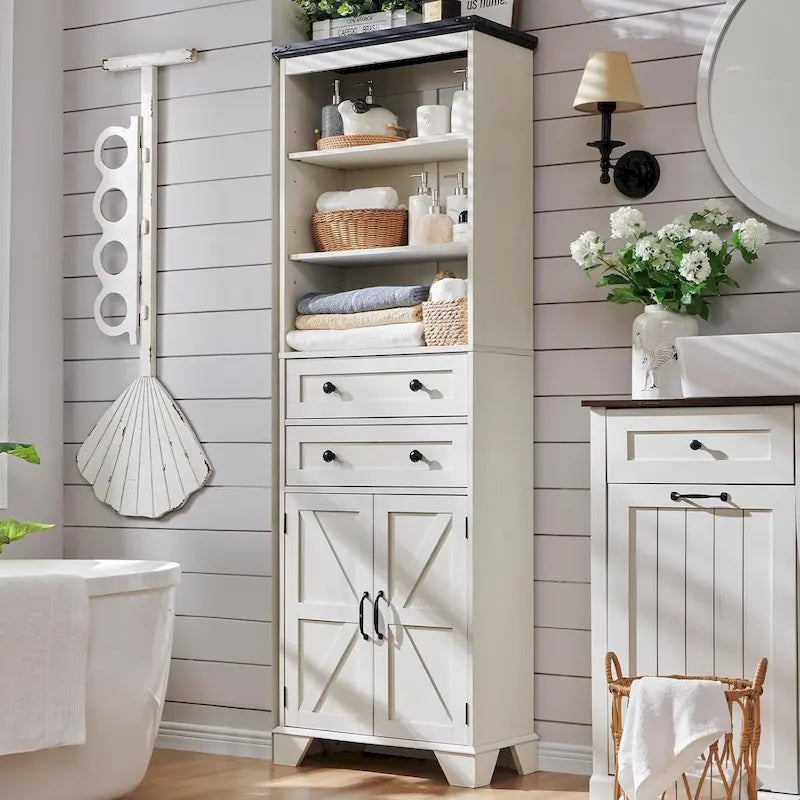 Armario de almacenamiento alto para baño de 72" con puertas corredizas y cajones