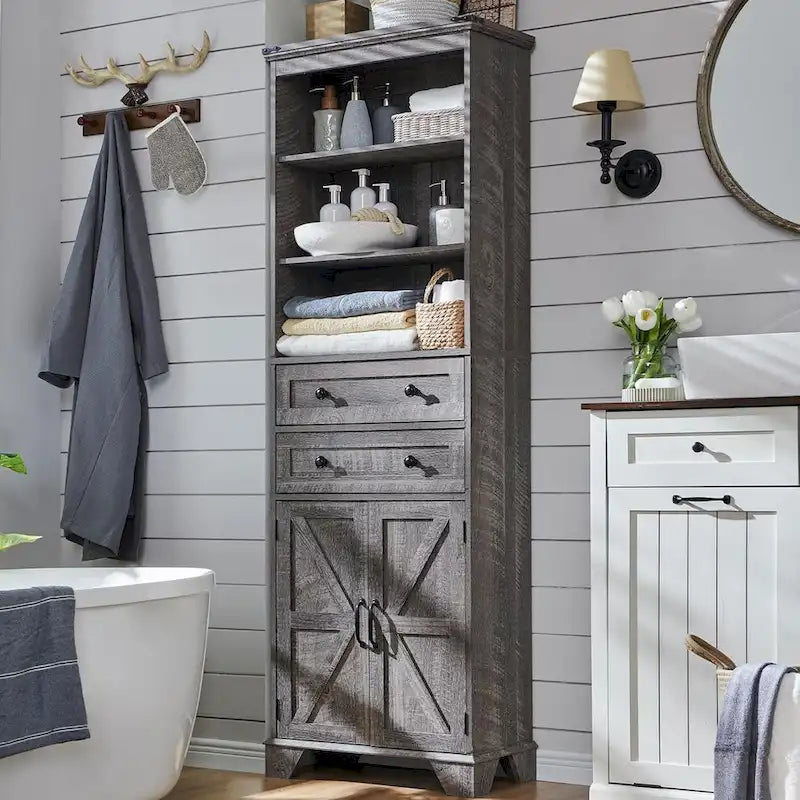 Armario de almacenamiento alto para baño de 72" con puertas corredizas y cajones
