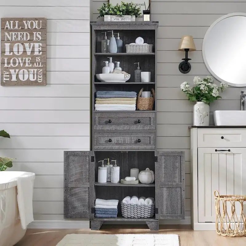 Armario de almacenamiento alto para baño de 72" con puertas corredizas y cajones