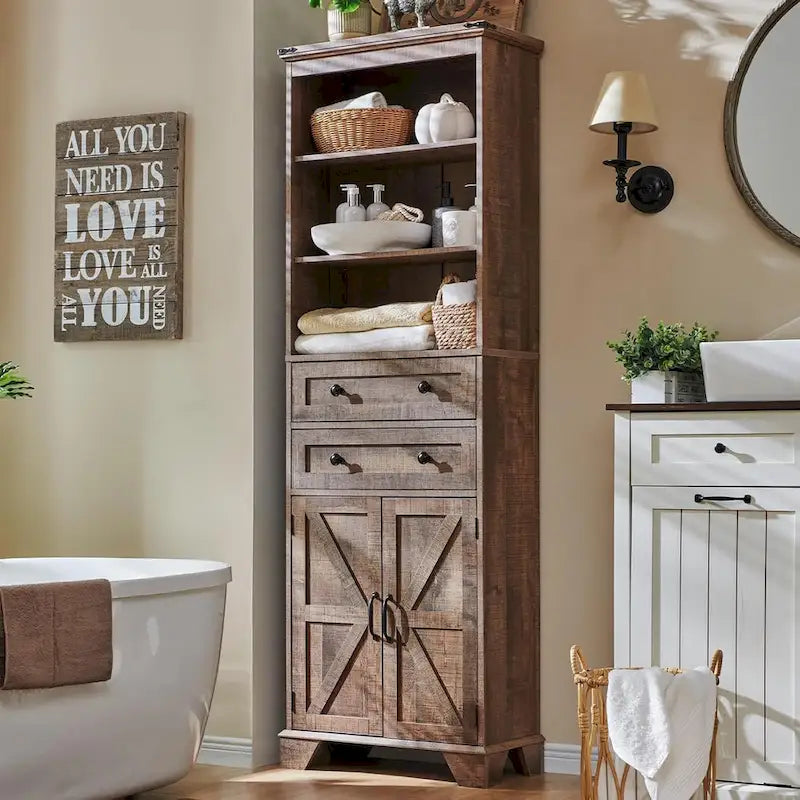 Armario de almacenamiento alto para baño de 72" con puertas corredizas y cajones