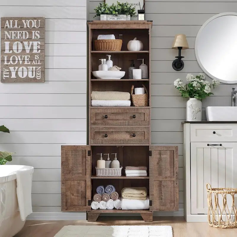 Armario de almacenamiento alto para baño de 72" con puertas corredizas y cajones