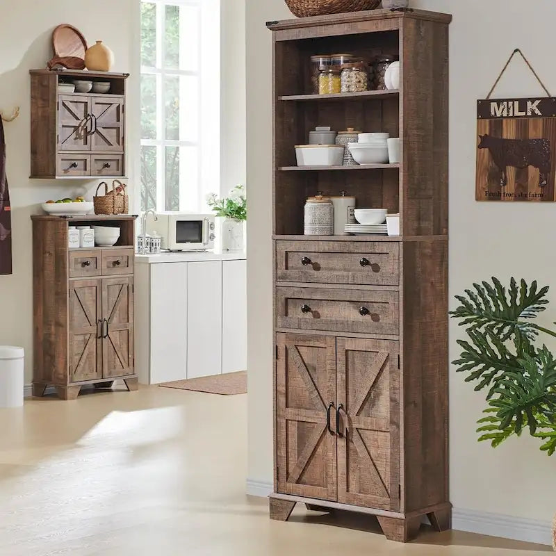 Armario de almacenamiento alto para baño de 72" con puertas corredizas y cajones
