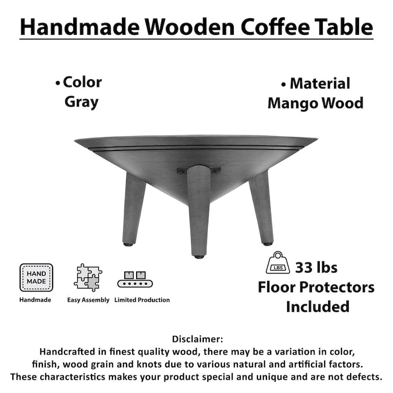 Mesa de centro redonda de 28 pulgadas con patas inclinadas, madera de mango gris
