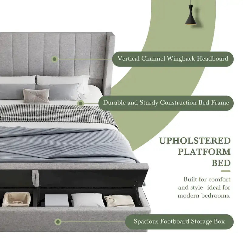 Cama de plataforma tamaño Queen con cabecero de ala con canales verticales - Cama tapizada con almacenamiento en el piecero, cama de tela de lino gris