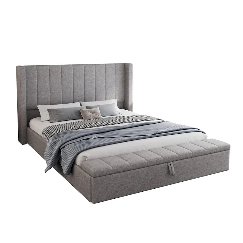 Cama de plataforma tamaño Queen con cabecero de ala con canales verticales - Cama tapizada con almacenamiento en el piecero, cama de tela de lino gris