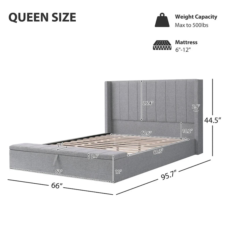 Cama de plataforma tamaño Queen con cabecero de ala con canales verticales - Cama tapizada con almacenamiento en el piecero, cama de tela de lino gris