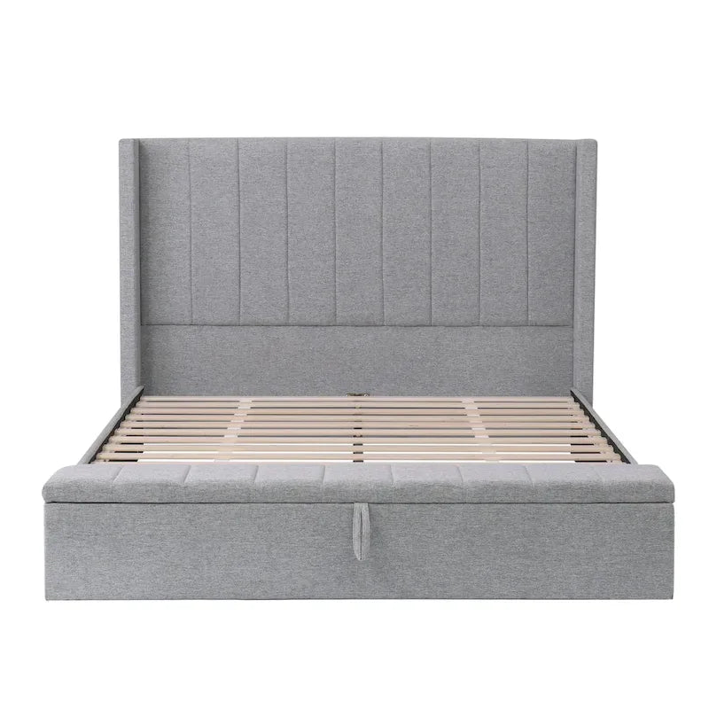 Cama de plataforma tamaño Queen con cabecero de ala con canales verticales - Cama tapizada con almacenamiento en el piecero, cama de tela de lino gris