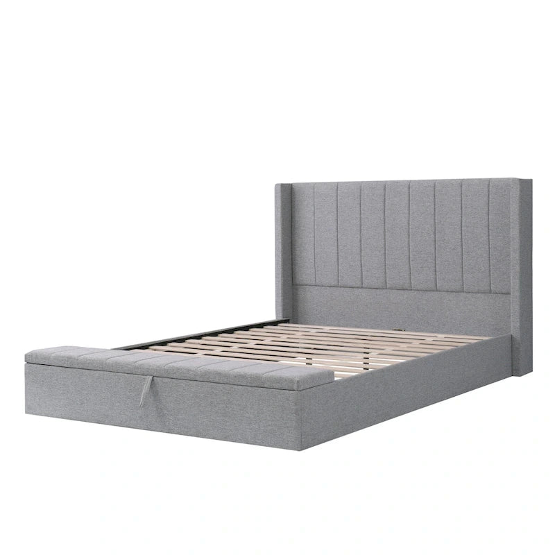 Cama de plataforma tamaño Queen con cabecero de ala con canales verticales - Cama tapizada con almacenamiento en el piecero, cama de tela de lino gris