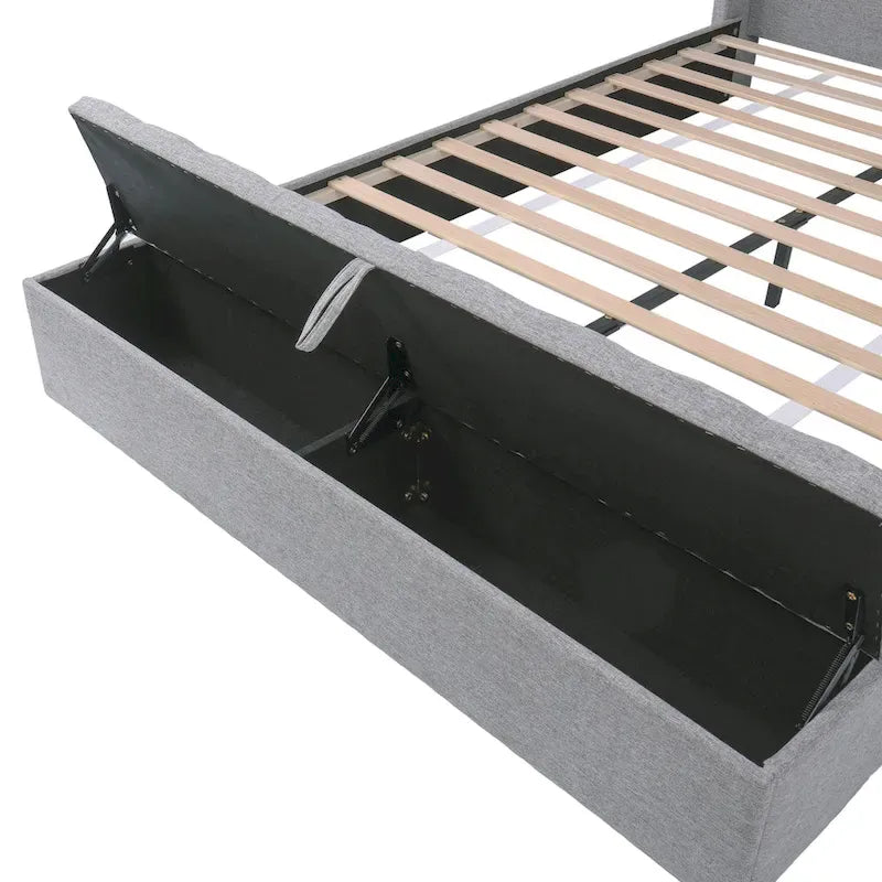 Cama de plataforma tamaño Queen con cabecero de ala con canales verticales - Cama tapizada con almacenamiento en el piecero, cama de tela de lino gris