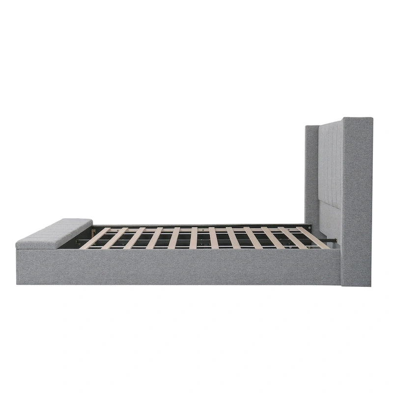 Cama de plataforma tamaño Queen con cabecero de ala con canales verticales - Cama tapizada con almacenamiento en el piecero, cama de tela de lino gris