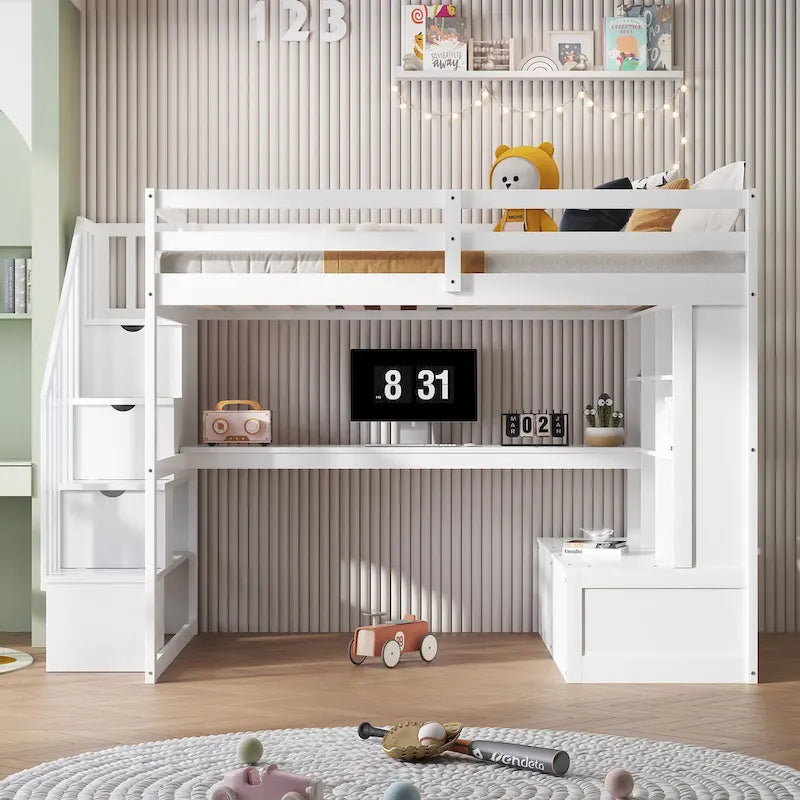 Cama alta blanca de madera maciza tamaño matrimonial con escritorio, estantes y escalera de almacenamiento