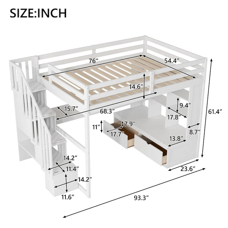 Cama alta blanca de madera maciza tamaño matrimonial con escritorio, estantes y escalera de almacenamiento