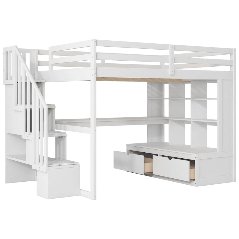 Cama alta blanca de madera maciza tamaño matrimonial con escritorio, estantes y escalera de almacenamiento