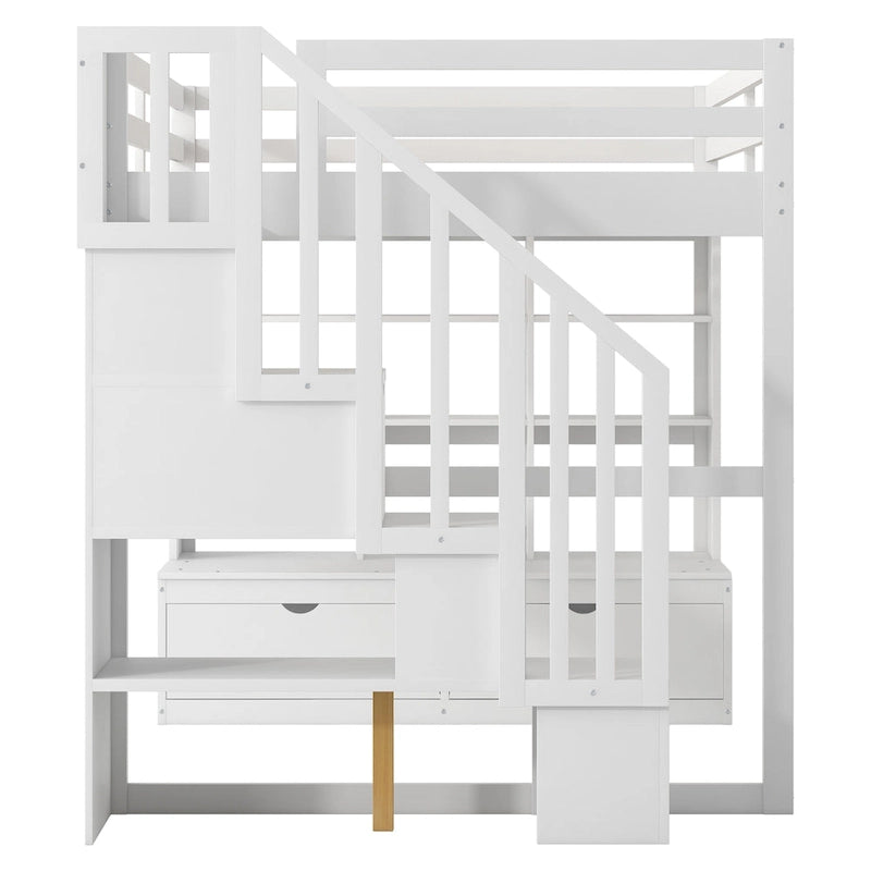 Cama alta blanca de madera maciza tamaño matrimonial con escritorio, estantes y escalera de almacenamiento