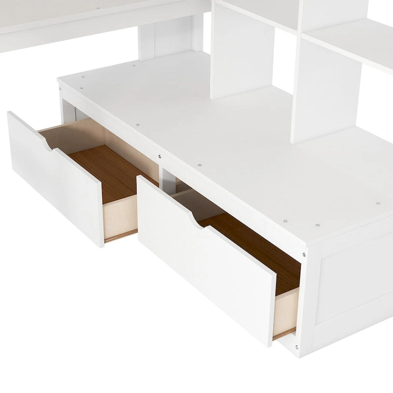Cama alta blanca de madera maciza tamaño matrimonial con escritorio, estantes y escalera de almacenamiento