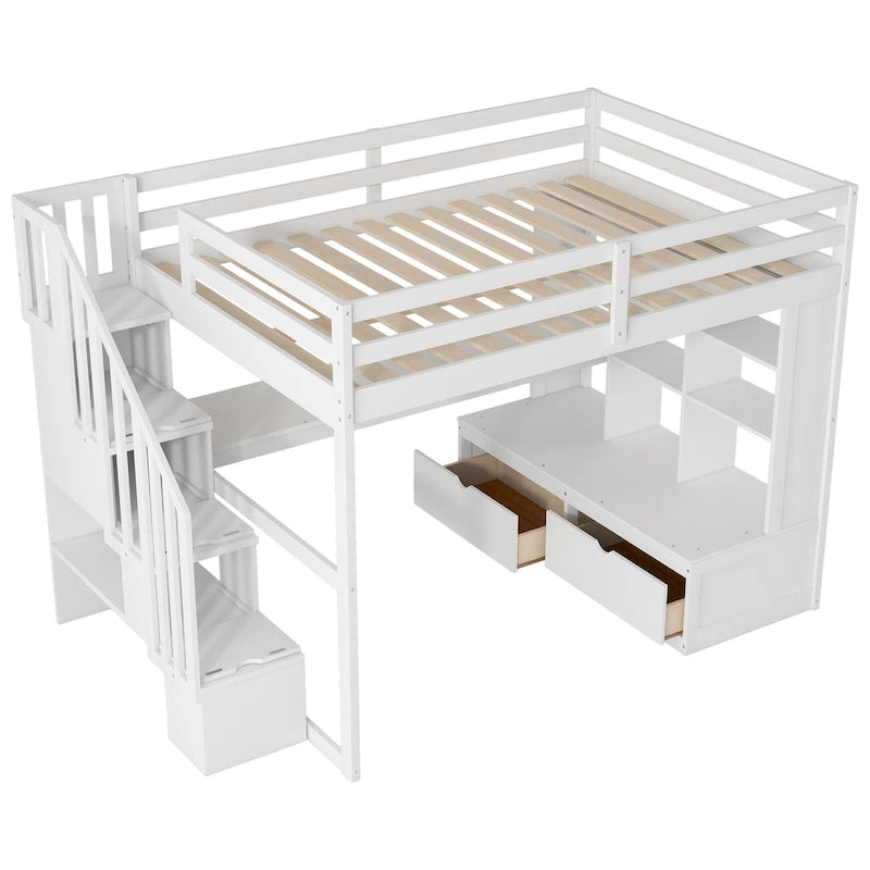 Cama alta blanca de madera maciza tamaño matrimonial con escritorio, estantes y escalera de almacenamiento