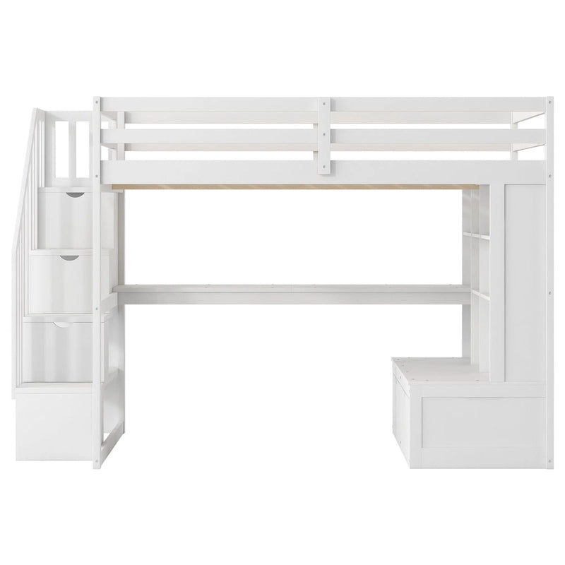 Cama alta blanca de madera maciza tamaño matrimonial con escritorio, estantes y escalera de almacenamiento