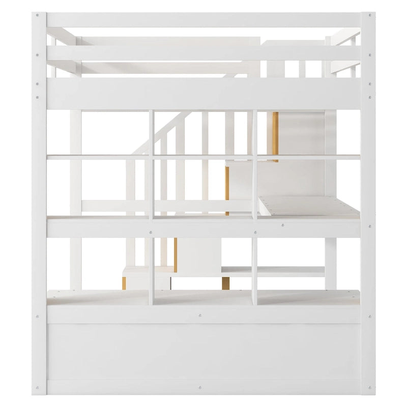 Cama alta blanca de madera maciza tamaño matrimonial con escritorio, estantes y escalera de almacenamiento