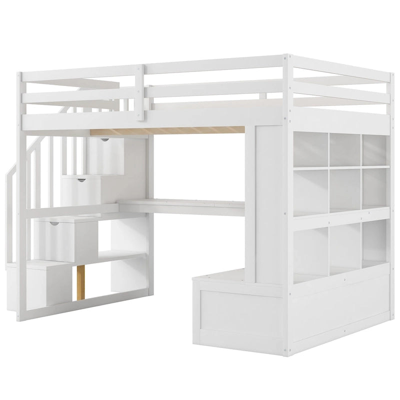 Cama alta blanca de madera maciza tamaño matrimonial con escritorio, estantes y escalera de almacenamiento