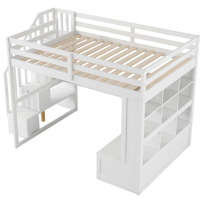 Cama alta blanca de madera maciza tamaño matrimonial con escritorio, estantes y escalera de almacenamiento