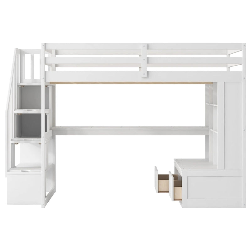 Cama alta blanca de madera maciza tamaño matrimonial con escritorio, estantes y escalera de almacenamiento