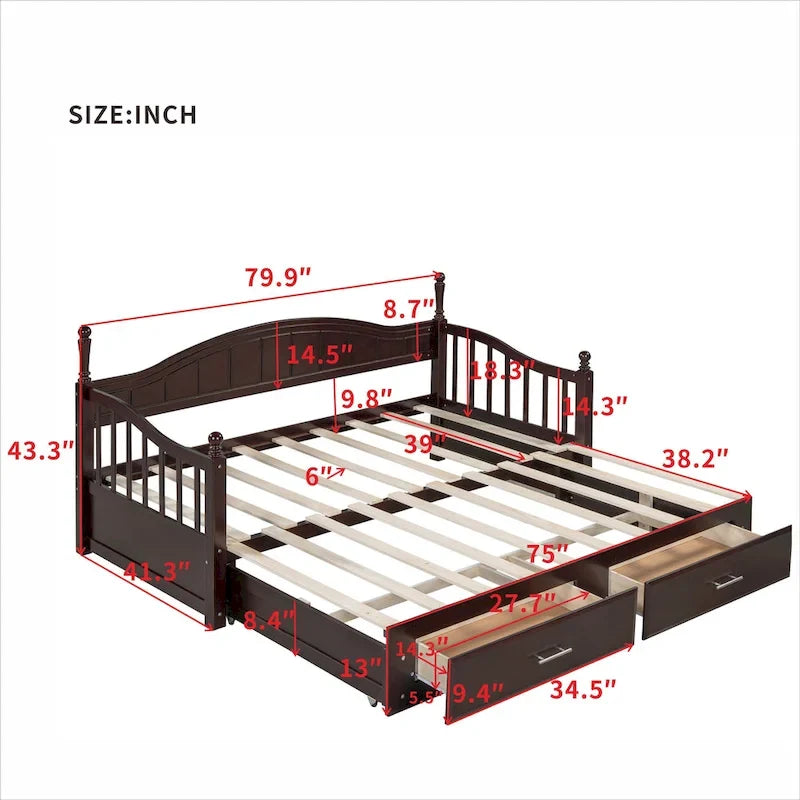 Sofá Cama Doble de Madera con 2 Cajones y Nido