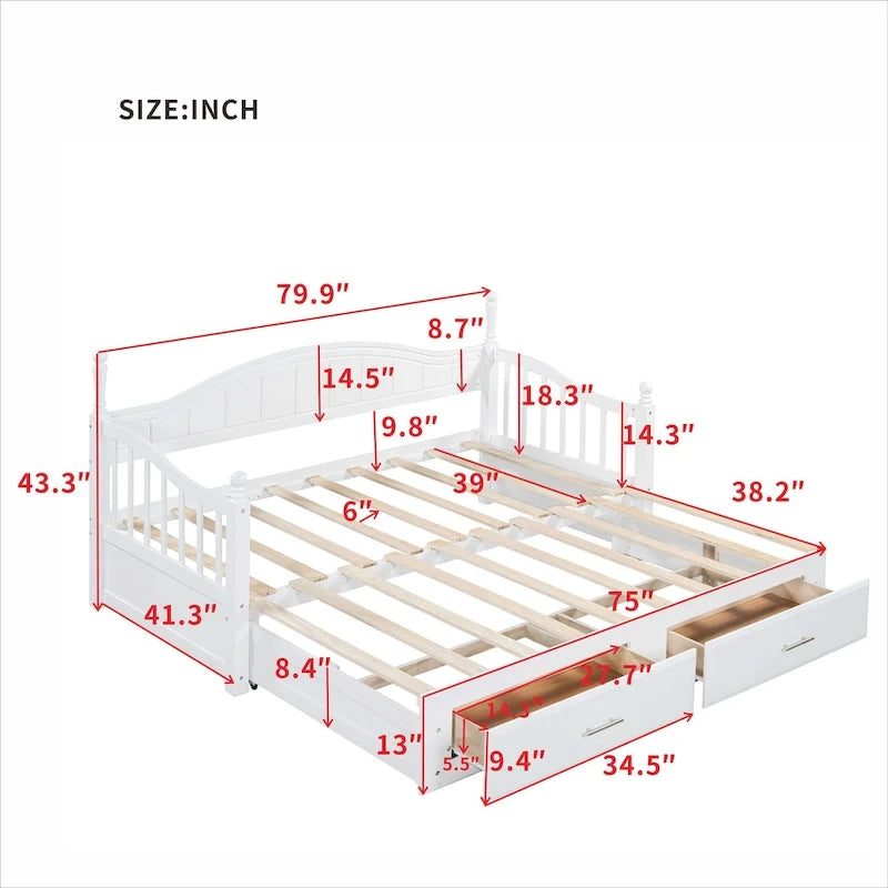 Sofá Cama Doble de Madera con 2 Cajones y Nido