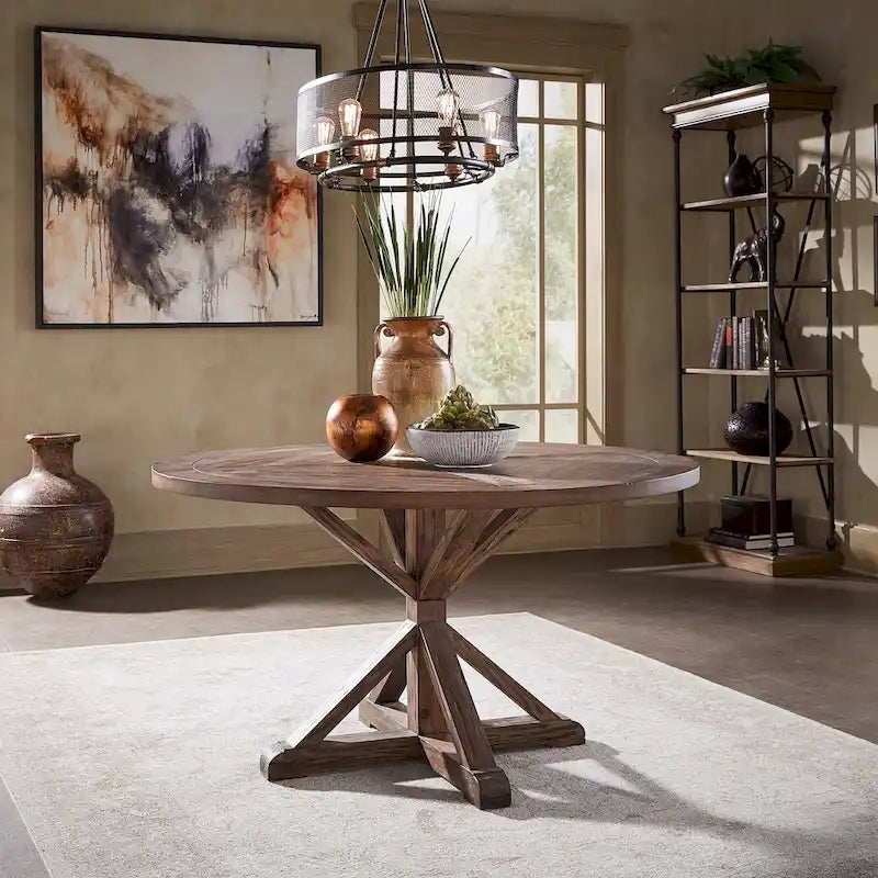 Mesa de comedor redonda rústica de madera de pino con base en X